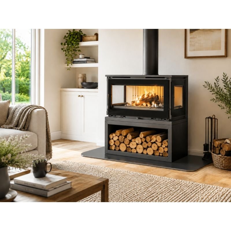 FIREMATIC Calgary-S Kaminofen 12,5 kW mit 3 Sichtscheiben und Holzfach.